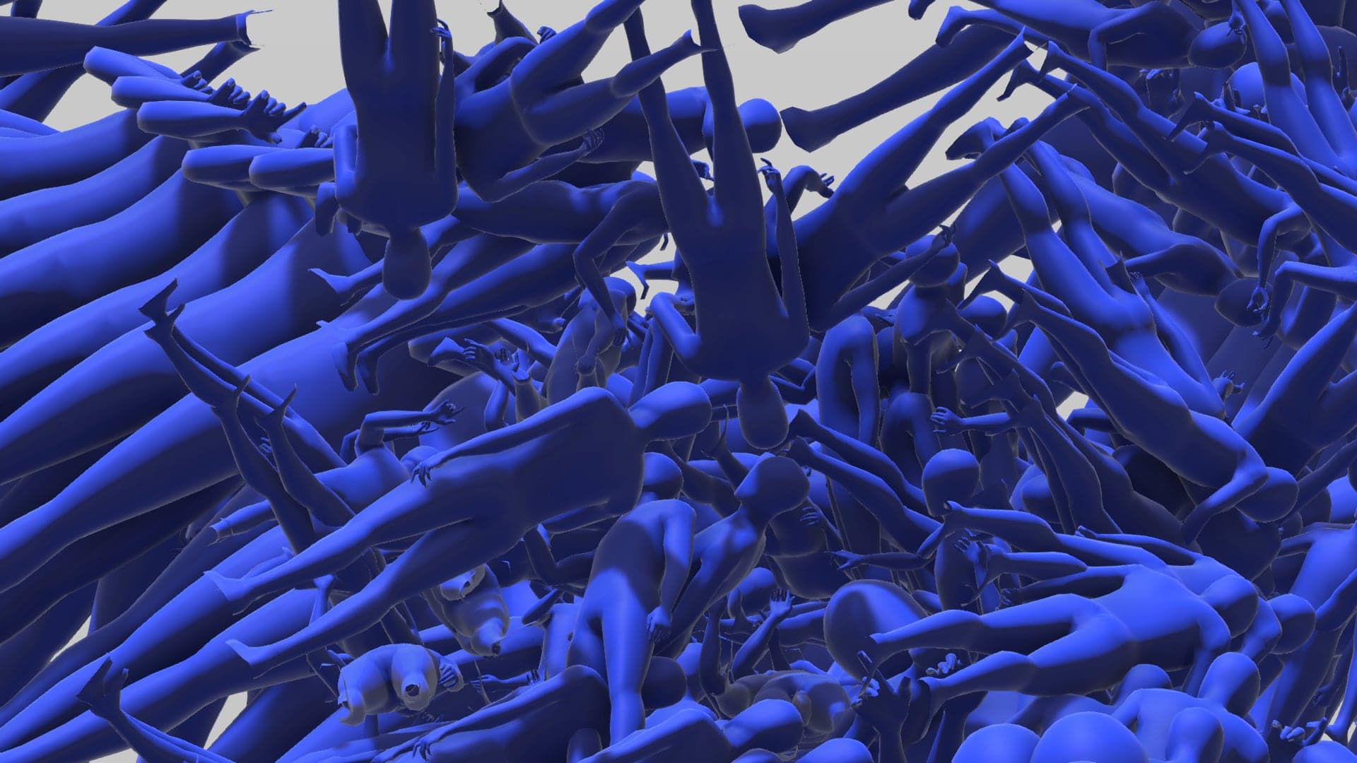 A dense field of blue human figures lying and stacked in every direction, filling the frame.