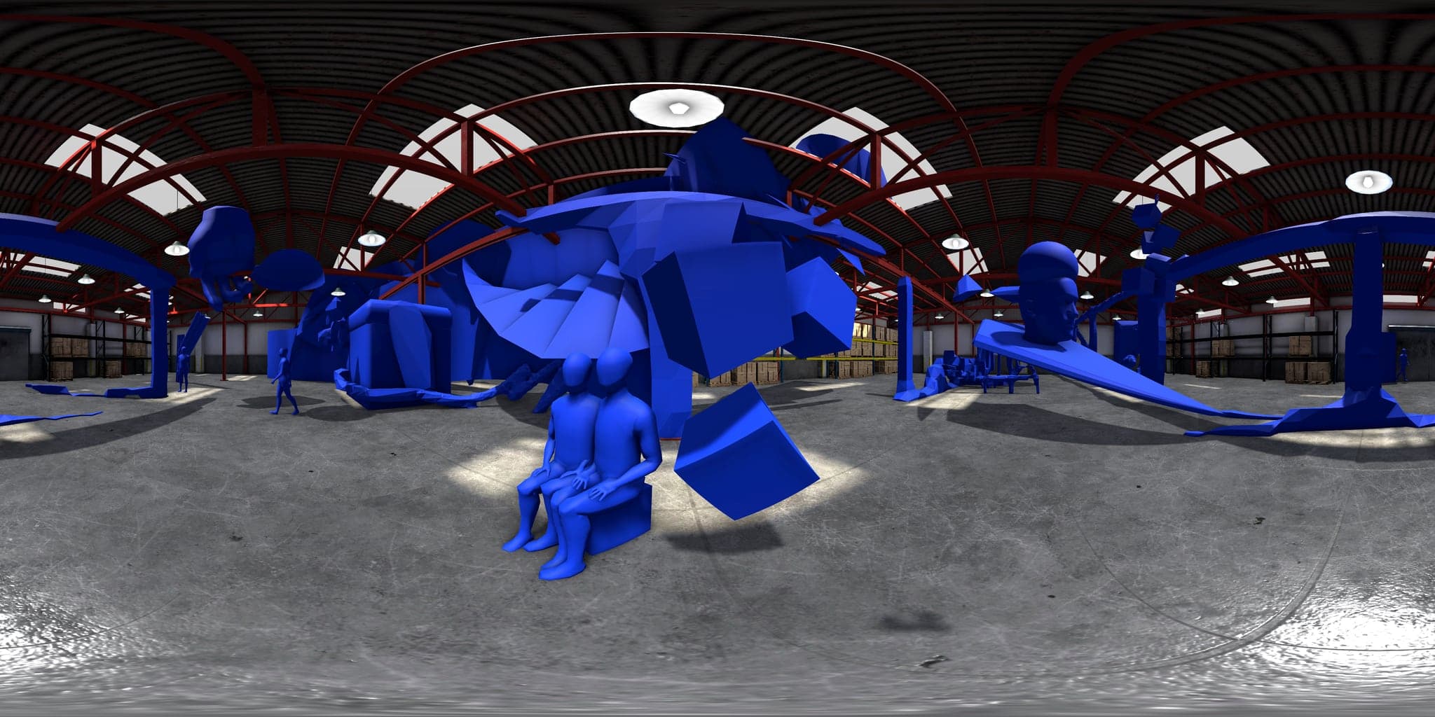 A 360 equirectangular render of the warehouse, its roof and floor bowed by the projection, blue sculptures ringing the space.