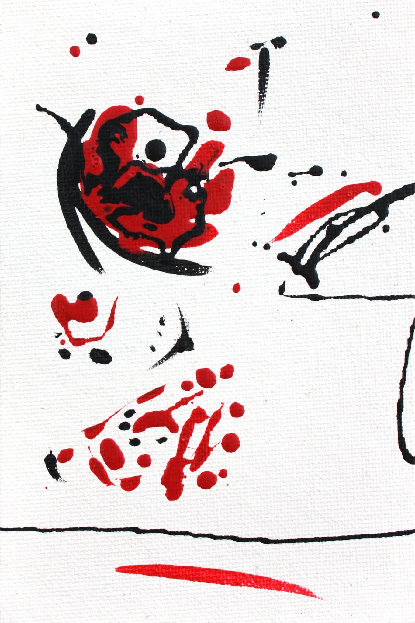 The second panel: a black and red knot at the top, red dots scattered below it, a red streak along the bottom
