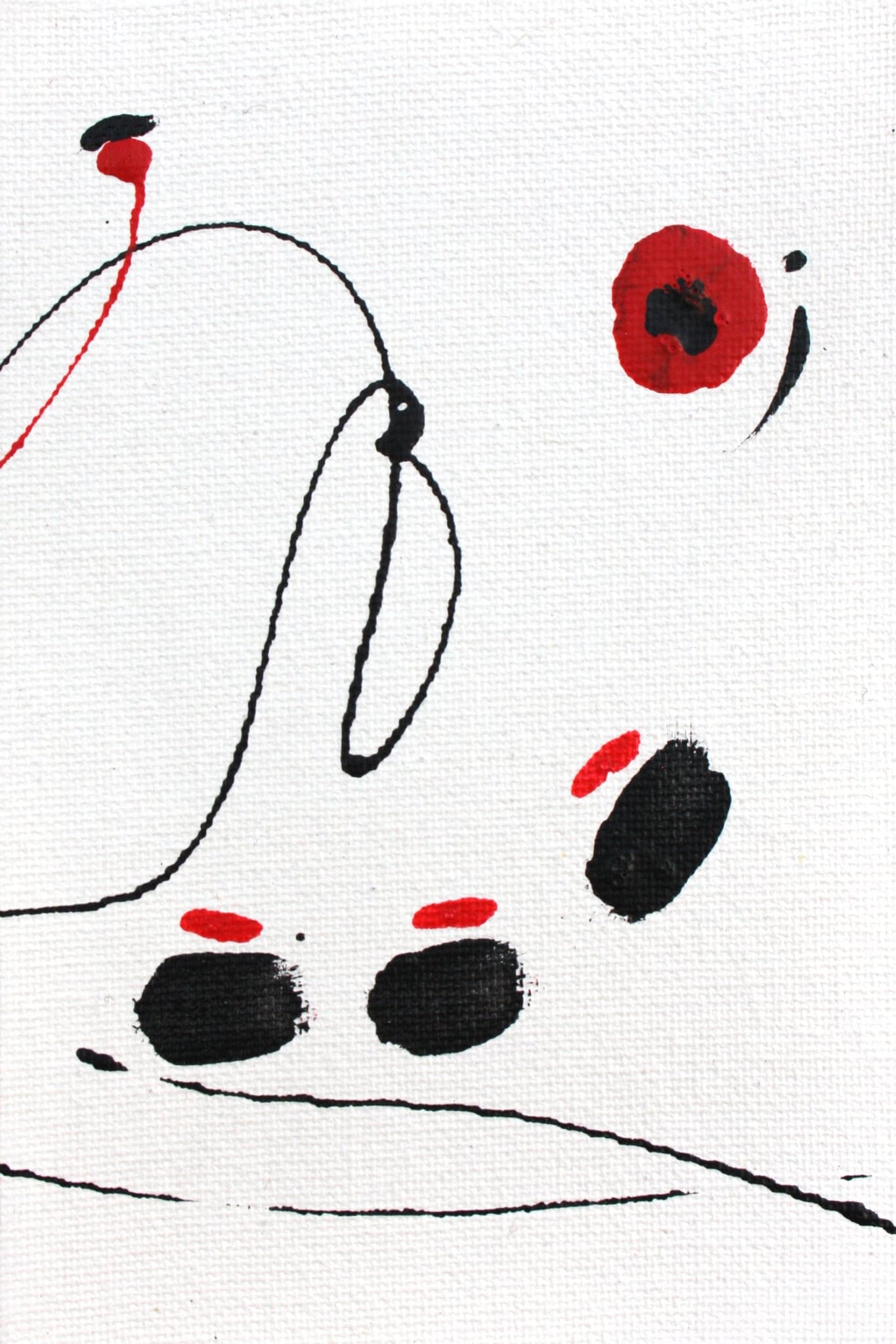 The third panel: a black loop falling from a red mark at the top, two black lozenges and a red disc at the right