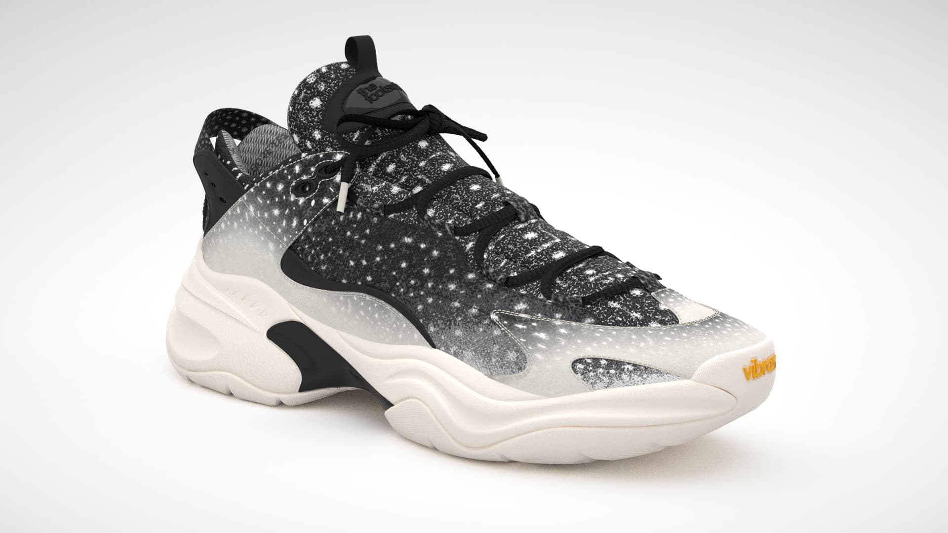 Three-quarter studio render of a chunky low sneaker with a whale-shark spot pattern on the upper and a cream sculpted midsole.