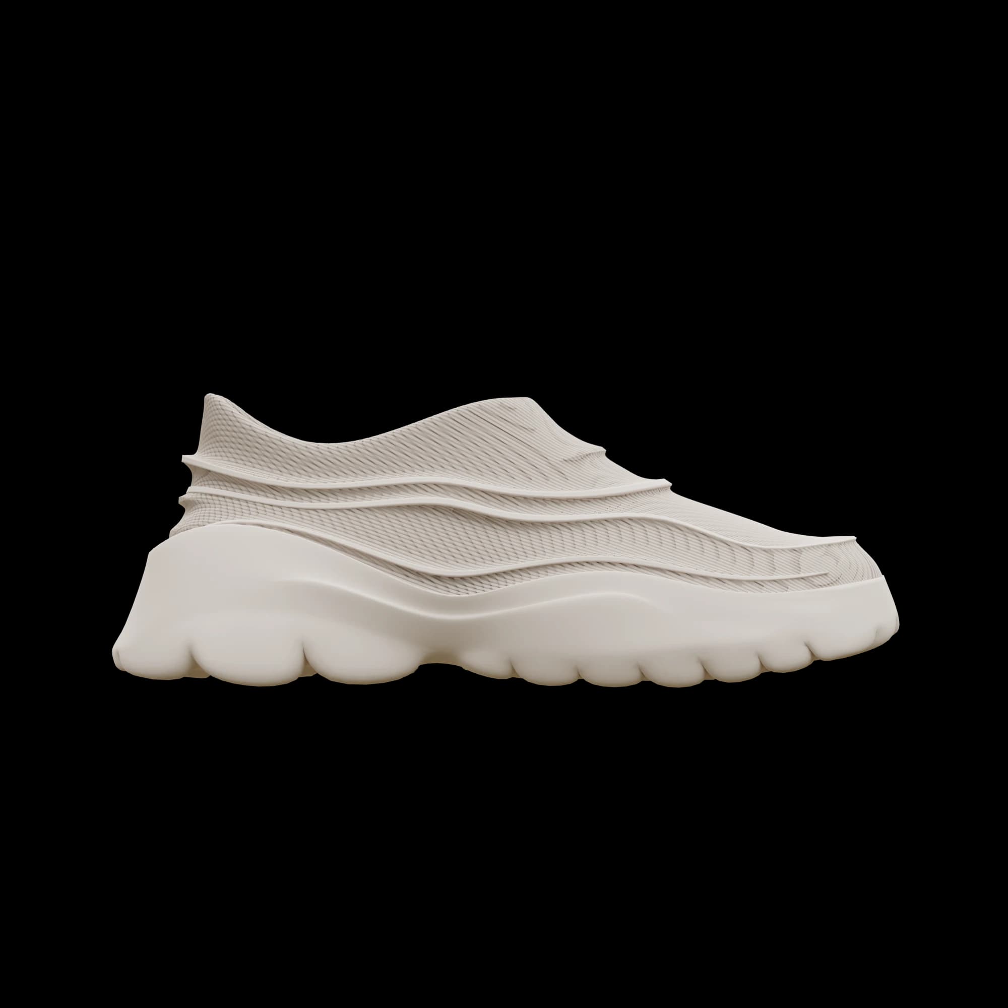 Side view of a bone-white laceless slip-on with overlapping shell bands across a fine knit, on a scalloped foam sole.