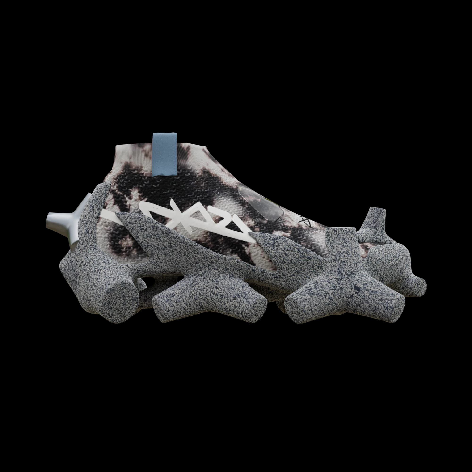 Side view of a marbled knit sock shoe enclosed by grey concrete tetrapod forms interlocking around the foot.