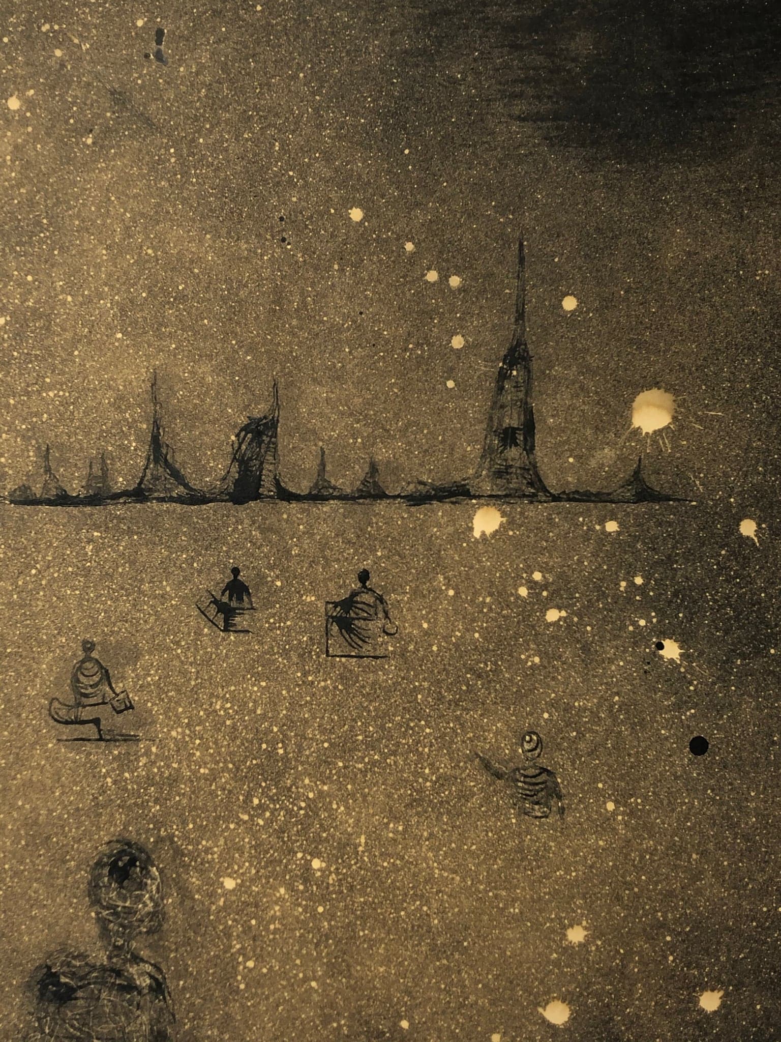 The sheet close up: a warm ochre ground heavy with pale flecks, a low dark horizon of spires and masts, small seated figures scattered below it, and one much larger figure at the bottom left with its back turned