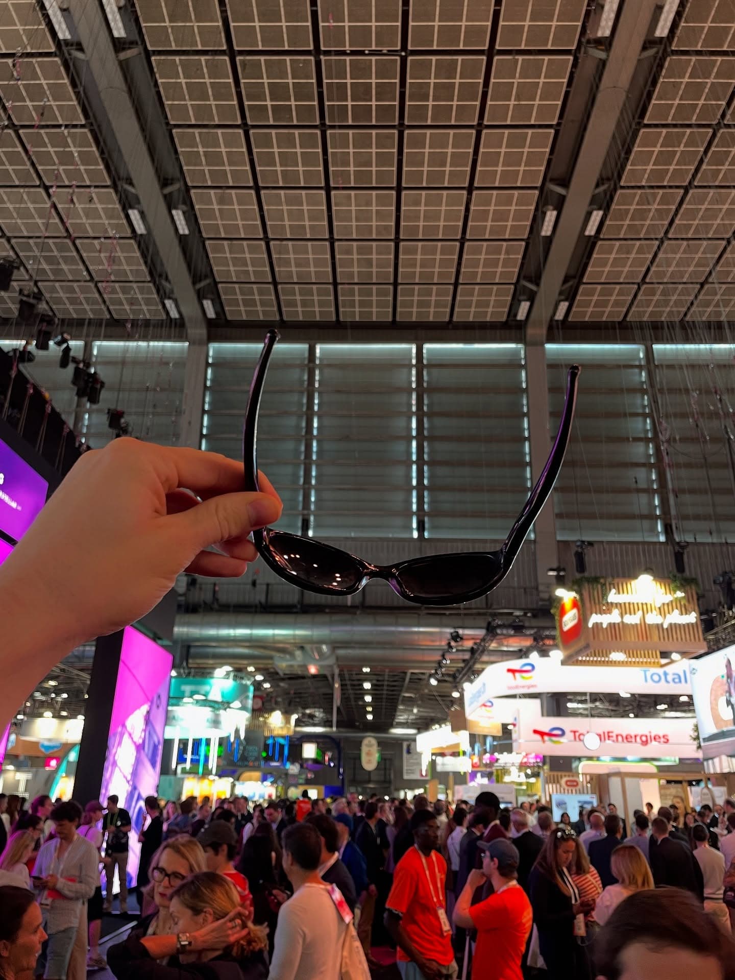 A frame held up against the roof of the exhibition hall