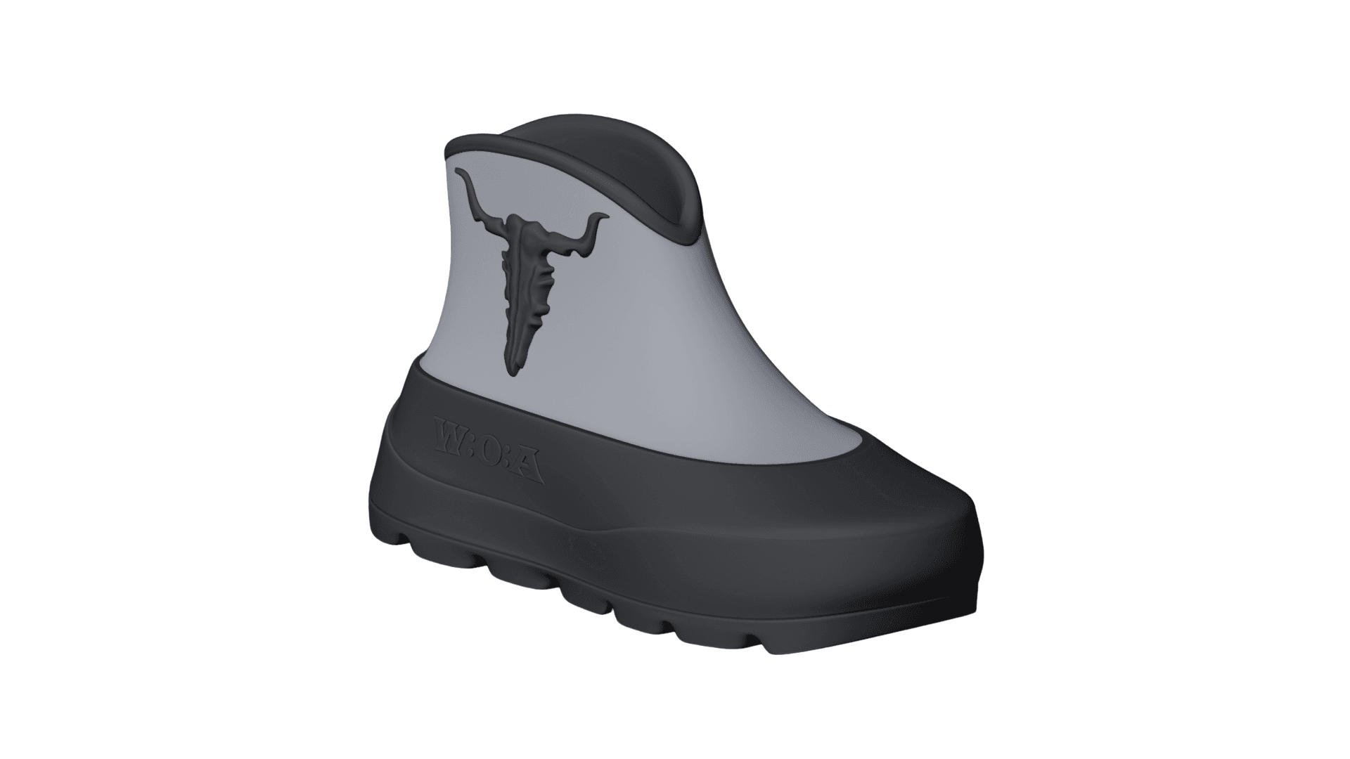 Three-quarter view of a laceless grey and black boot with a longhorn skull raised on the ankle panel