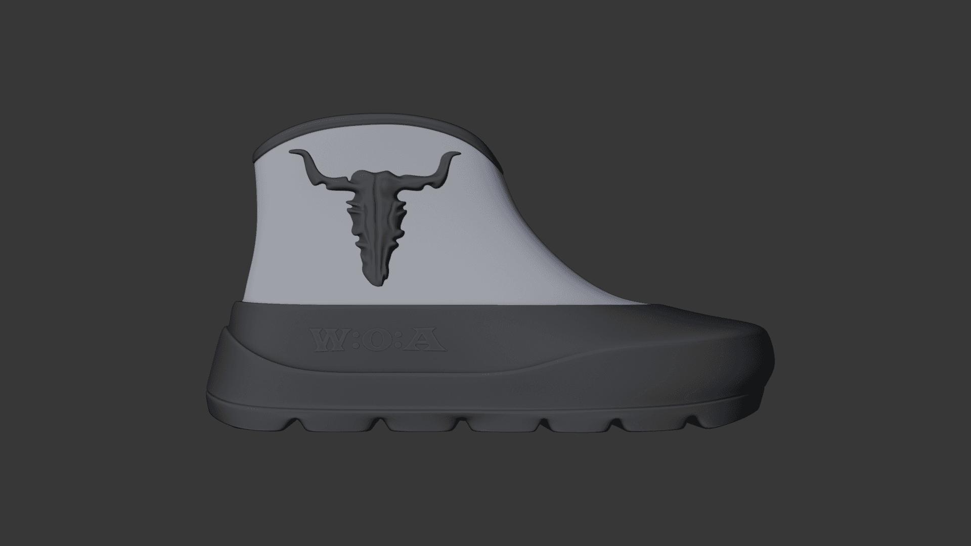 Side view of the boot showing the pale upper, the wrapping lugged sole and W:O:A embossed on the sidewall