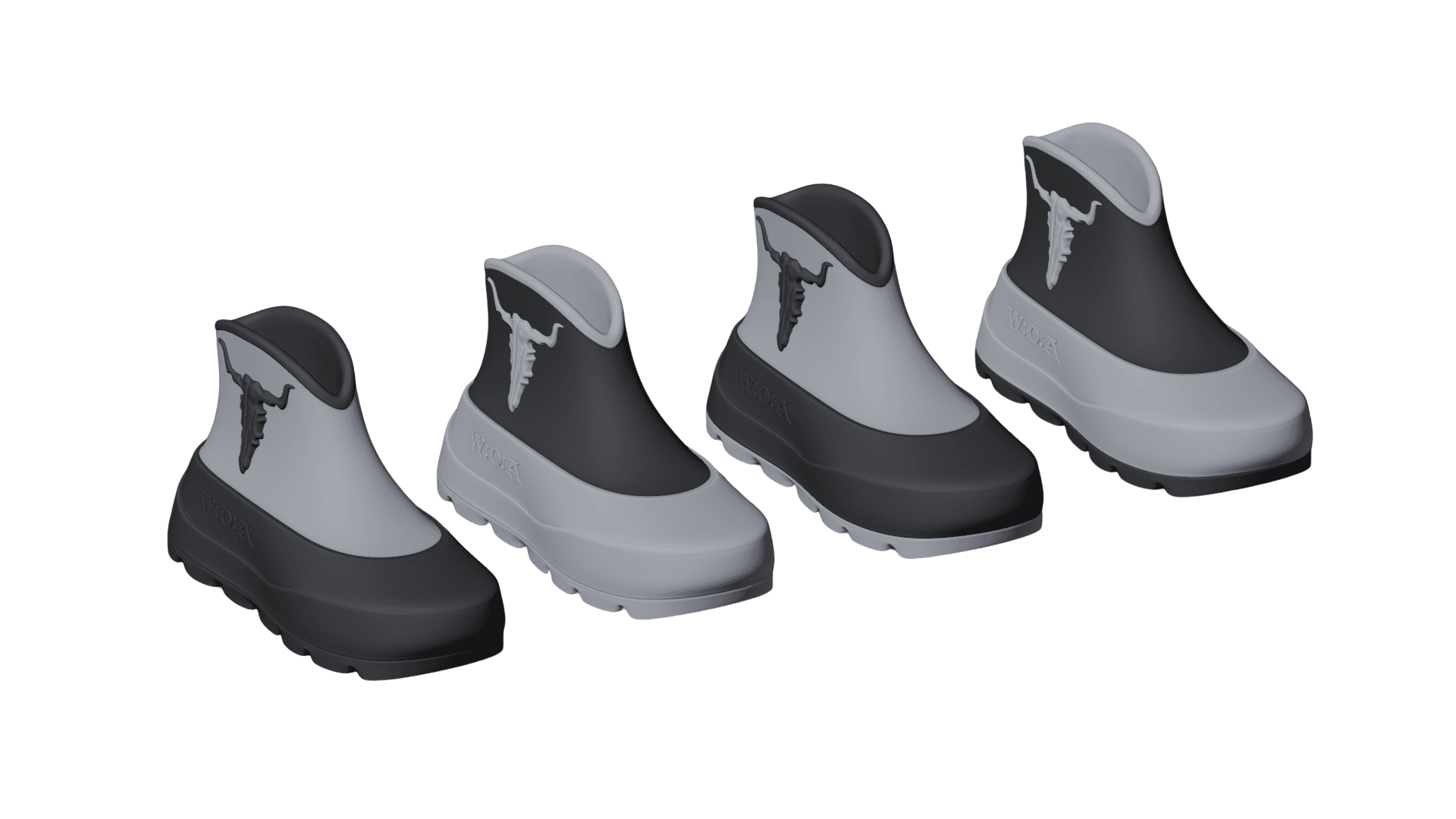 Four boots in a row in alternating light grey and black colourways, angled view on white