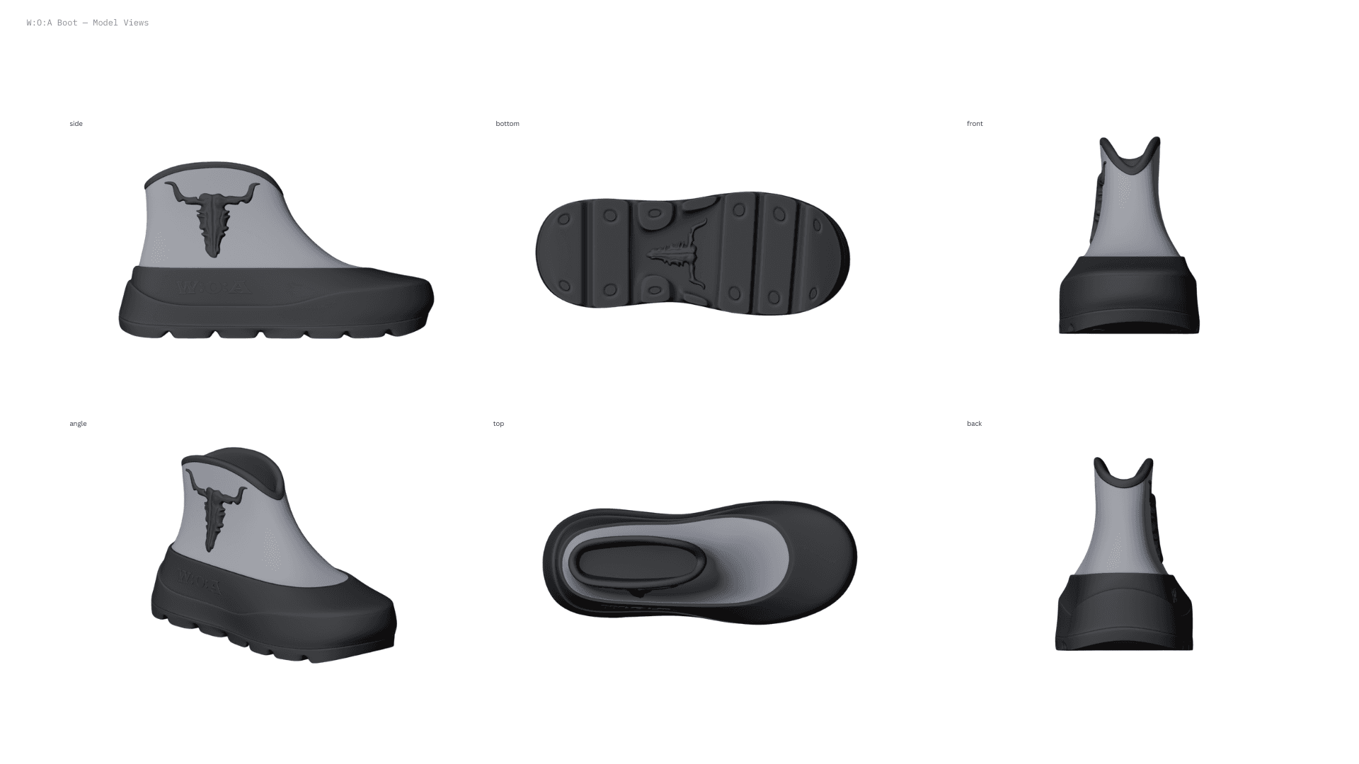 Six-panel sheet showing the boot from side, bottom, front, angle, top and back