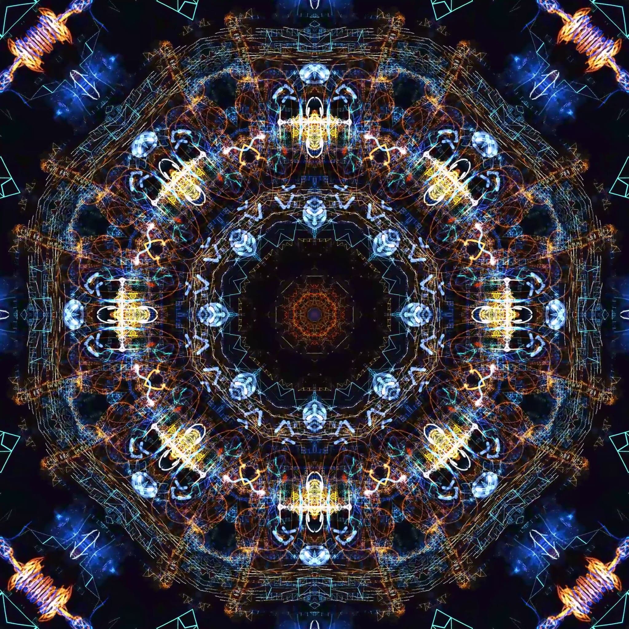Octagonal mandala of blue and orange line work with small white nodes, running strings of drawn capitals along the diagonals.