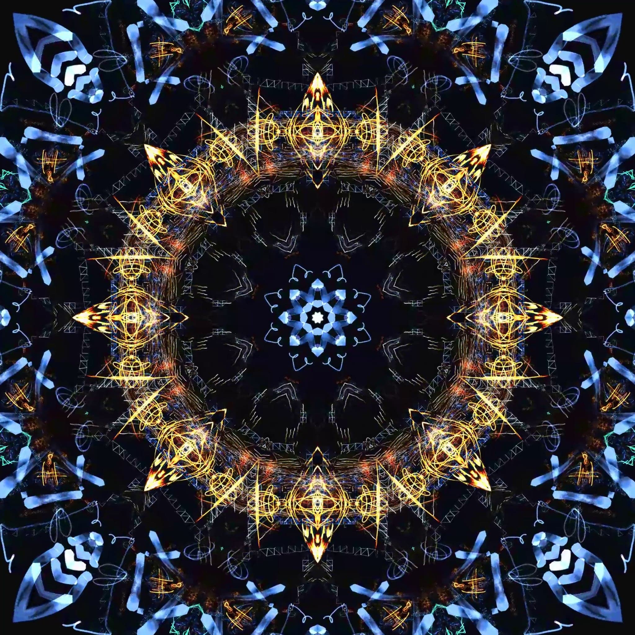 Gold ring of looping strokes around a small blue eight-petal flower, pale blue blades filling the corners on black.