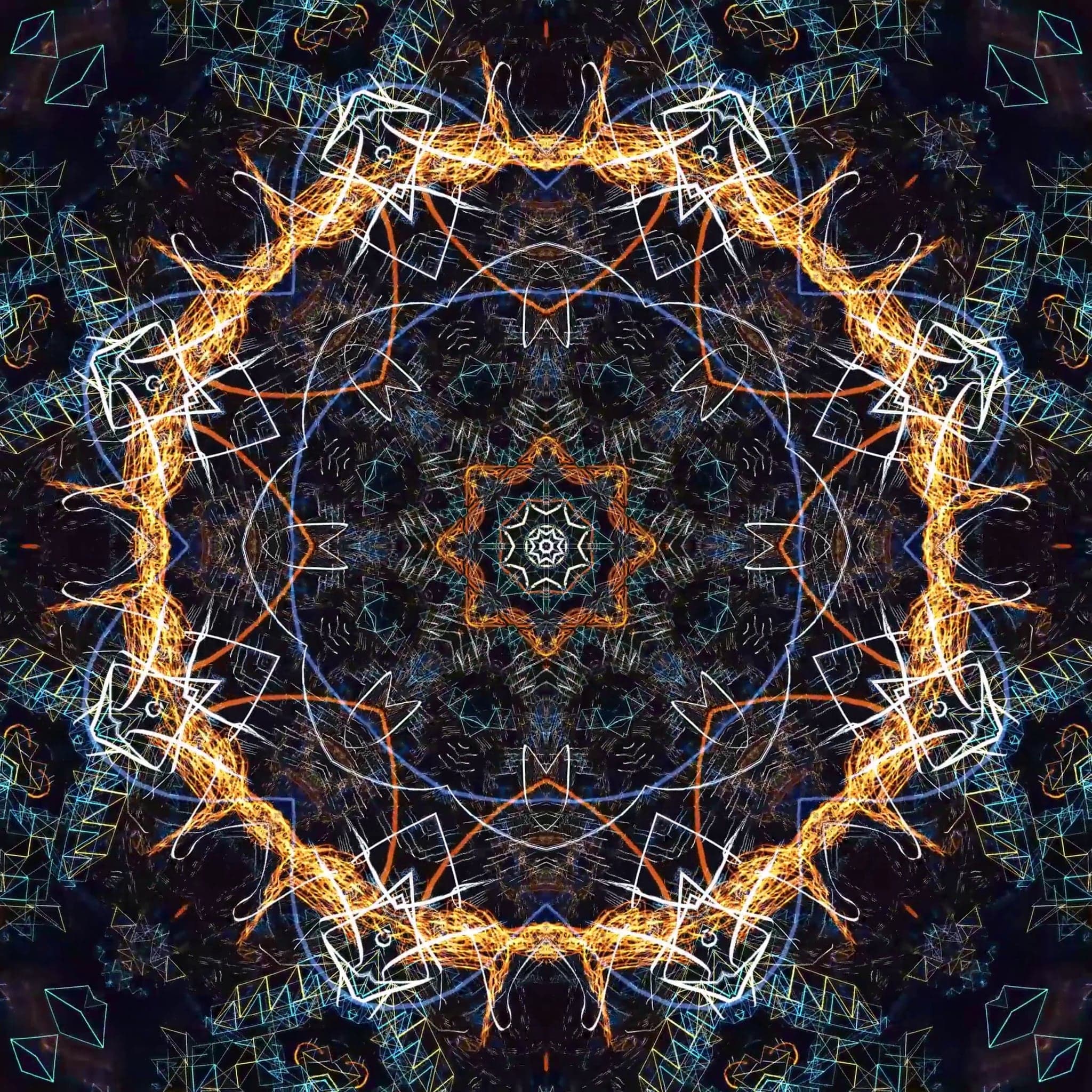 Orange flame-like strokes and white outlines arranged in a wide ring over a field of fine turquoise scribble.