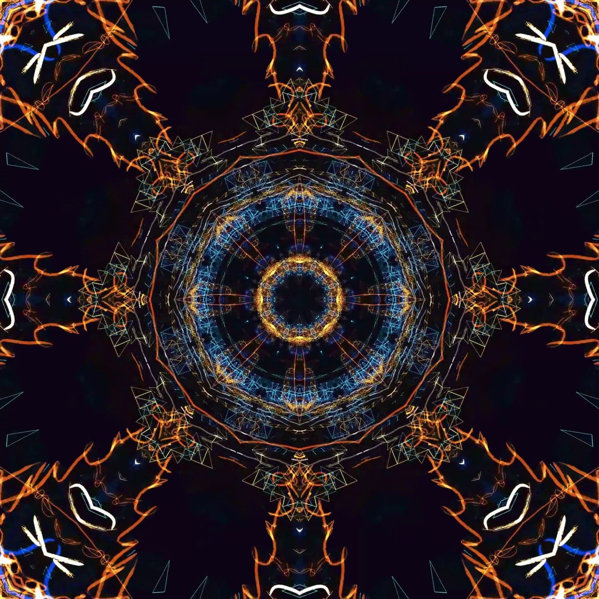 Concentric blue and gold rings at the centre of a mostly black frame, with orange strokes reaching to the corners.